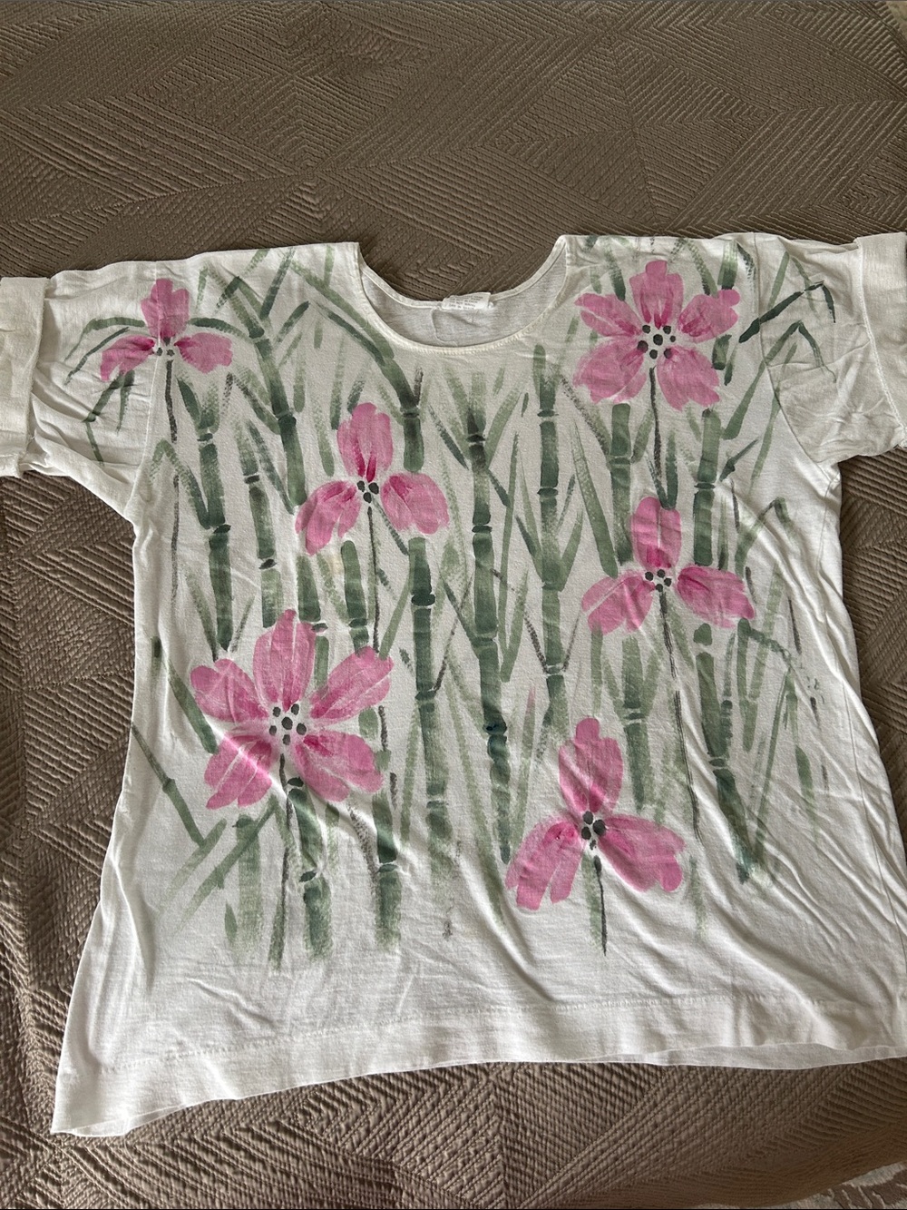 White Floral Bamboo Print Tee - Pink Flowers